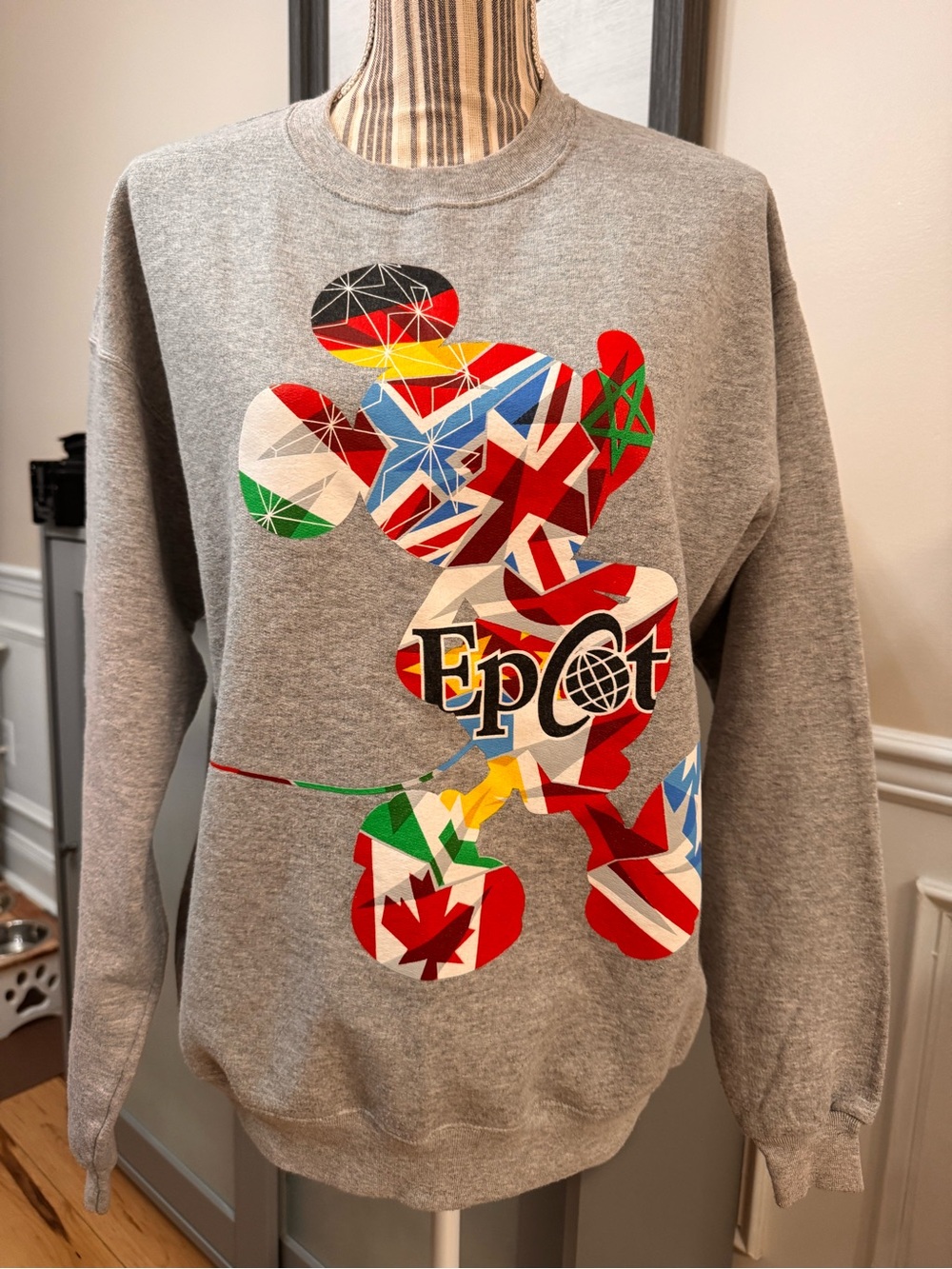 Disney Parks on Hanes Ecosmart  Epcot Multicolor Flag Mickey Crewneck M